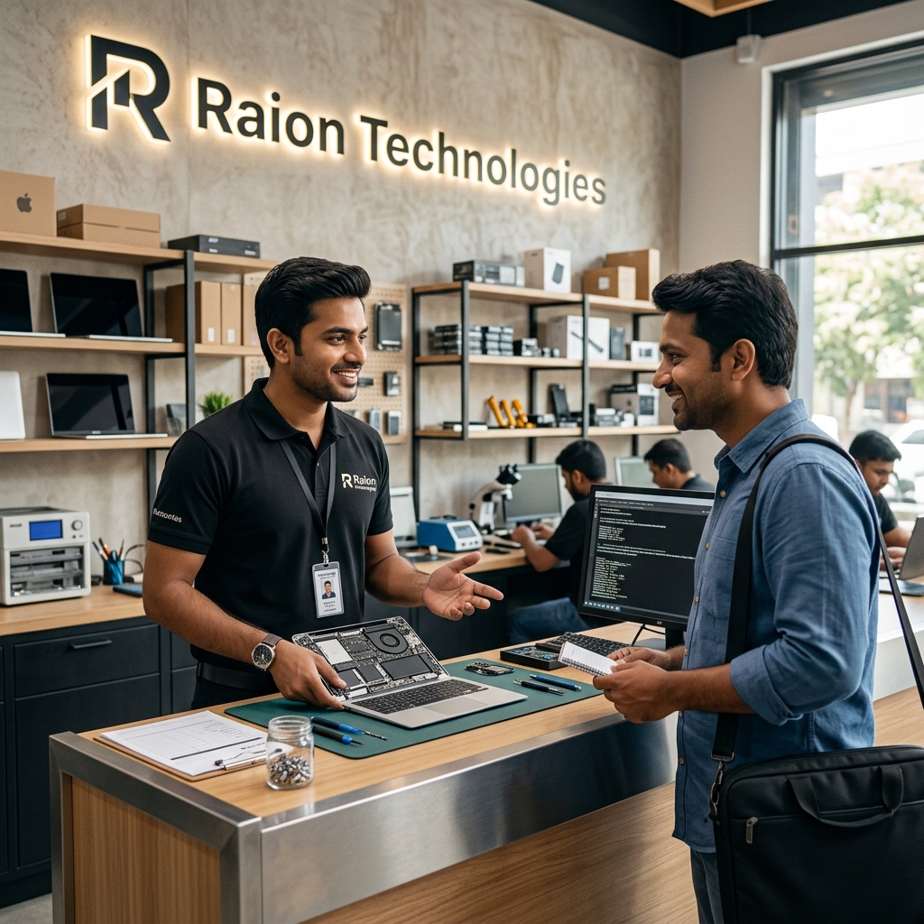 Technician explaining to customer